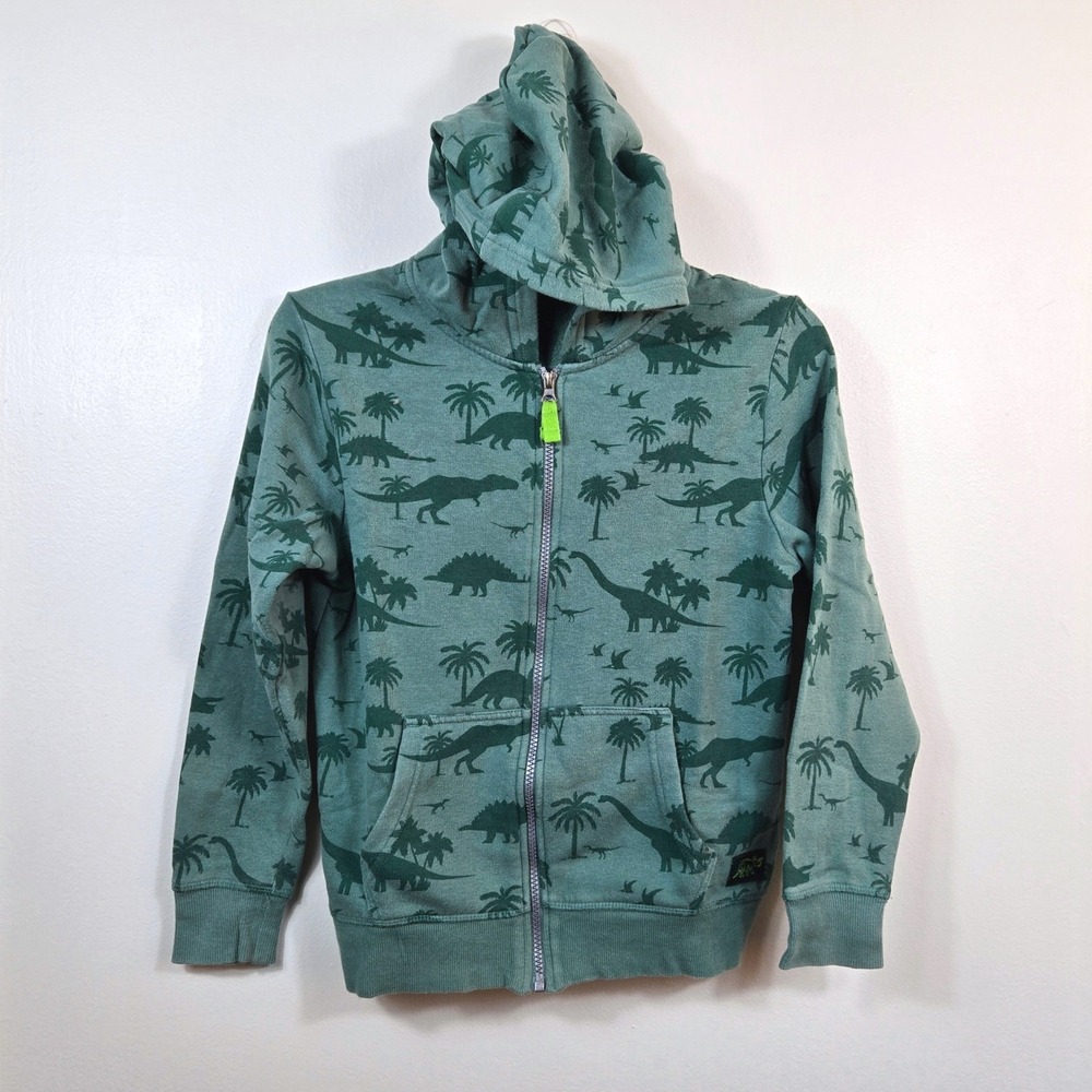 H&M Boys Green Teal Dinosaur Print Full Front Zip Casual School Hoodie 8-10Y